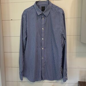 GAP Navy and White Gingham Men's Dress Casual Long-sleeved Button Up Shirt XL